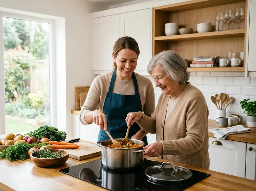 Hauswirtschaftskraft bereitet in einer hellen Küche eine Mahlzeit zu