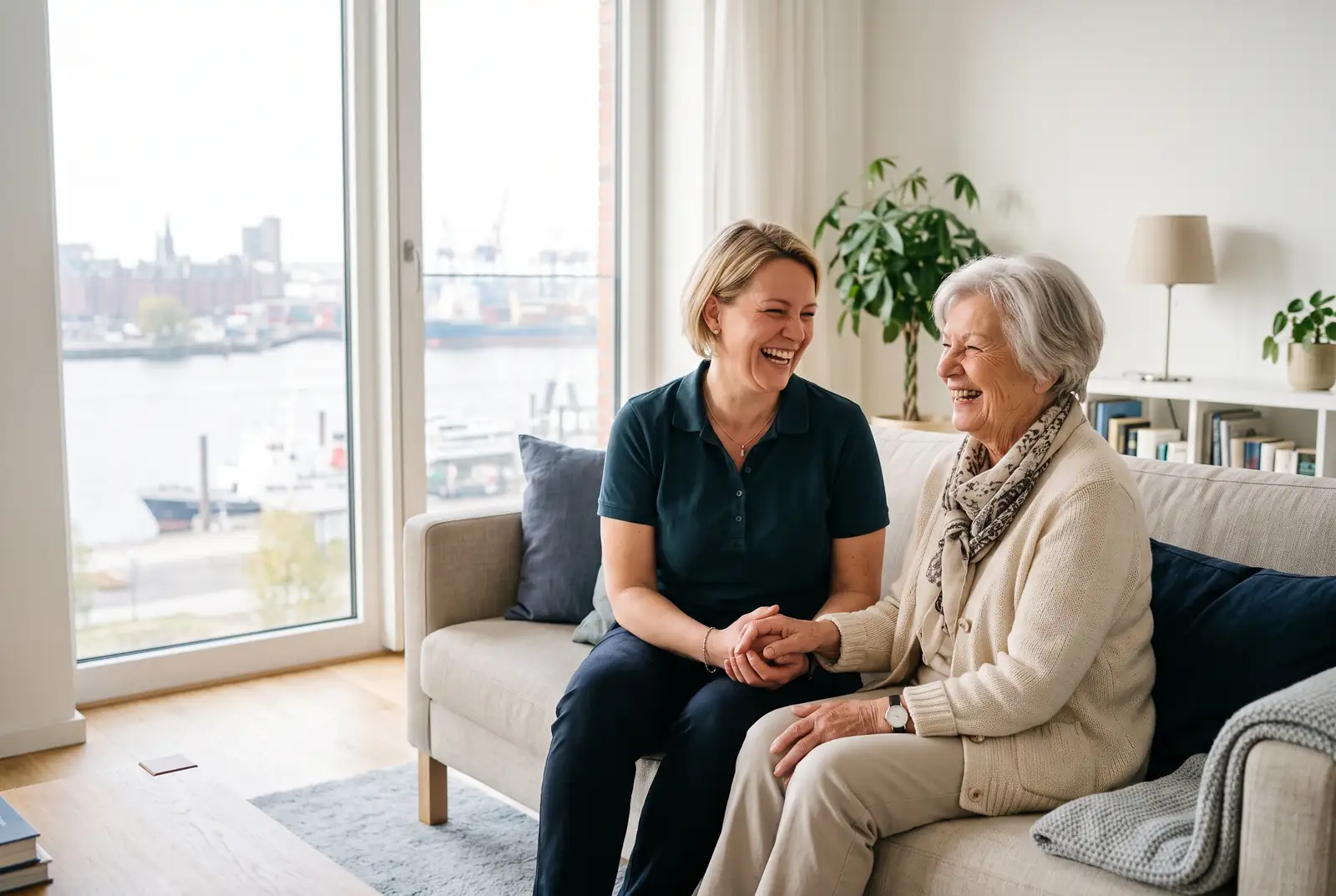 Pflegekraft und Seniorin im Gespräch, im Hintergrund der Hamburger Hafen