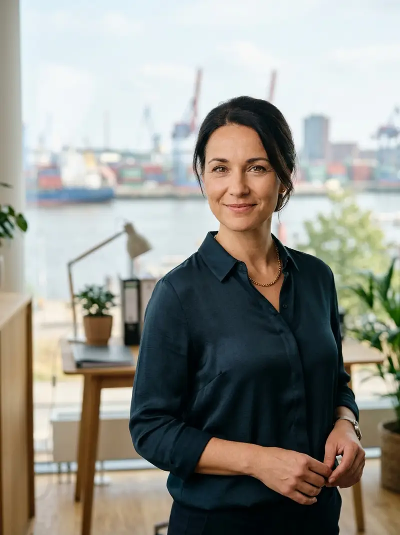 Fereshta Ahmadi, Pflegedienstleitung des Hafenblick Pflegezentrums, vor dem Hamburger Hafen