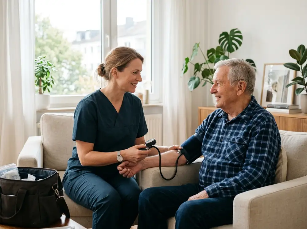 Pflegerin misst einer Seniorin zuhause den Blutdruck