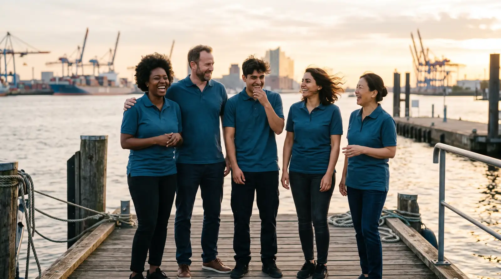 Das Pflegeteam des Hafenblick Pflegezentrums lacht gemeinsam an der Elbe